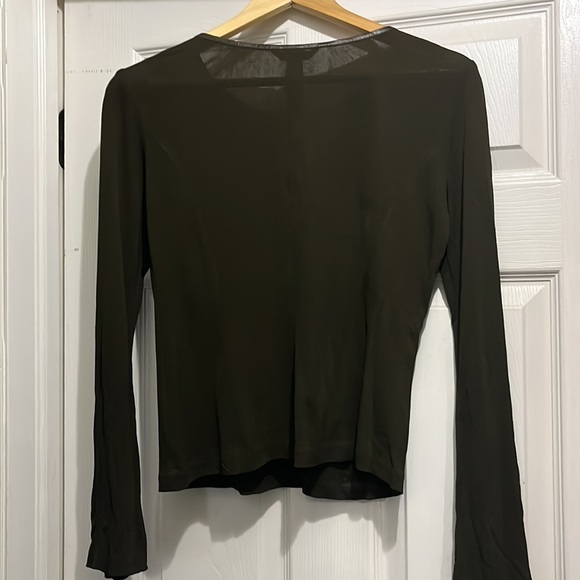 Olive green long sleeve crepe top. Leather trim around neck. Like new - Picture 3 of 4